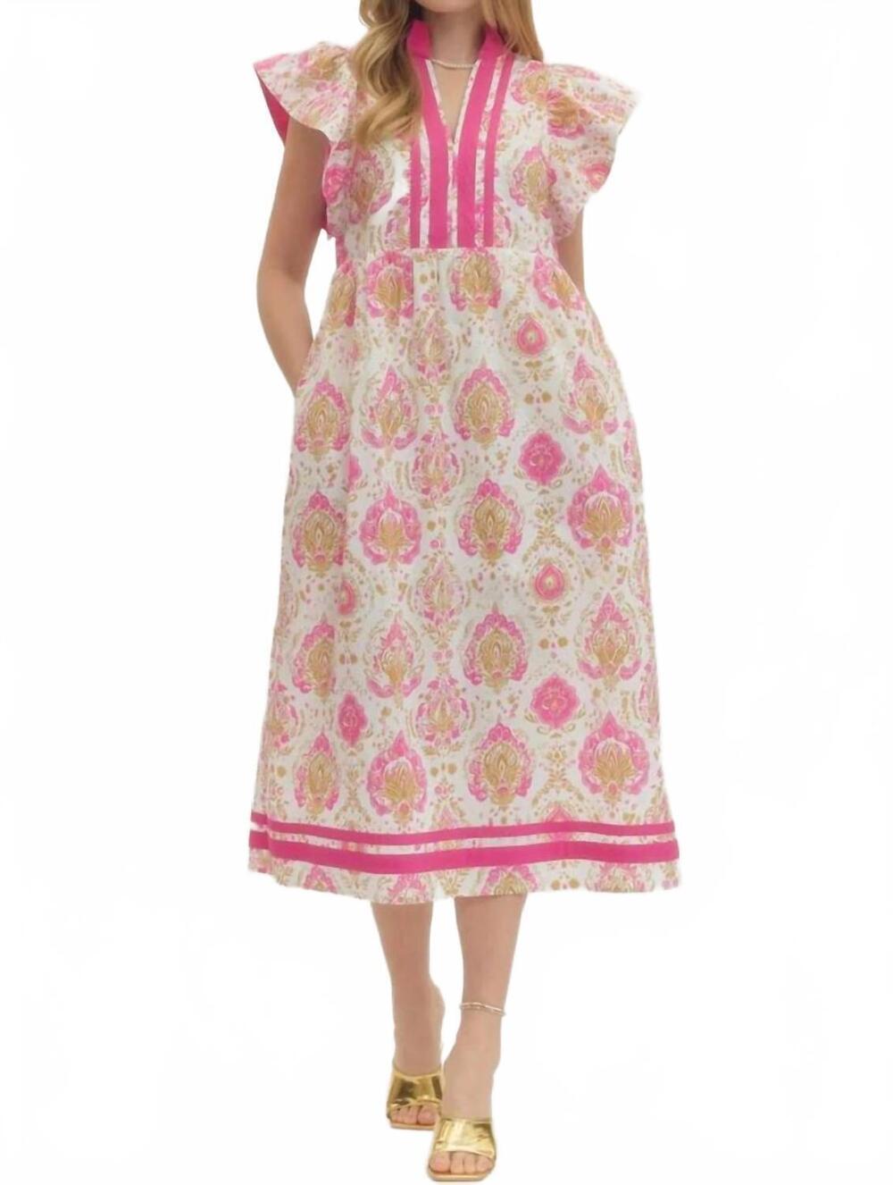 NEW ENTRO botanical print midi dress in pink
